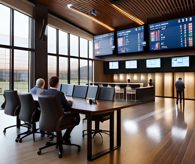 Une salle de paris sportifs, avec des gens regardant des matchs et pariant